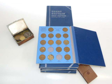 Collection of coins and tokens, silver and green glass scent bottle in...