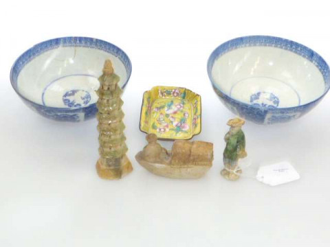 Small Cantonese enamel dish (a/f), pair of Oriental blue and white bowls,...