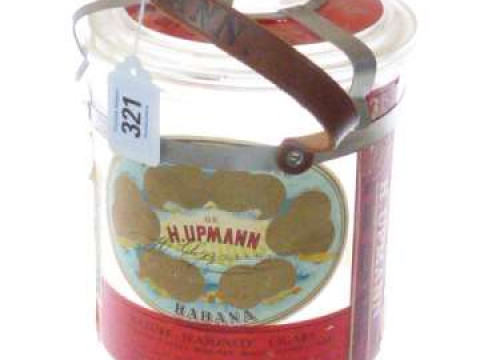Glass cigar jar, with H. Upmann paper label and carrying handle