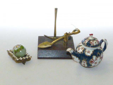 Brass novelty mining group, miniature teapot, painted 'egg' and an antique...