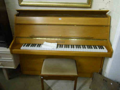 Bentley Teak Cased Upright Overstrung Piano and Stool