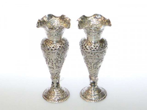 Pair Indian silver pierced and chased vases