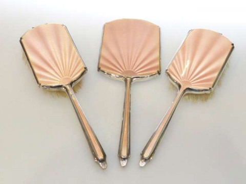 Silver and enamel three piece brush and mirror set