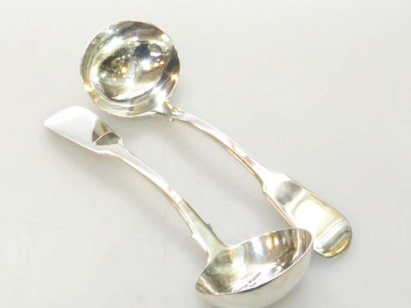 Pair Georgian silver fiddle pattern sauce ladles