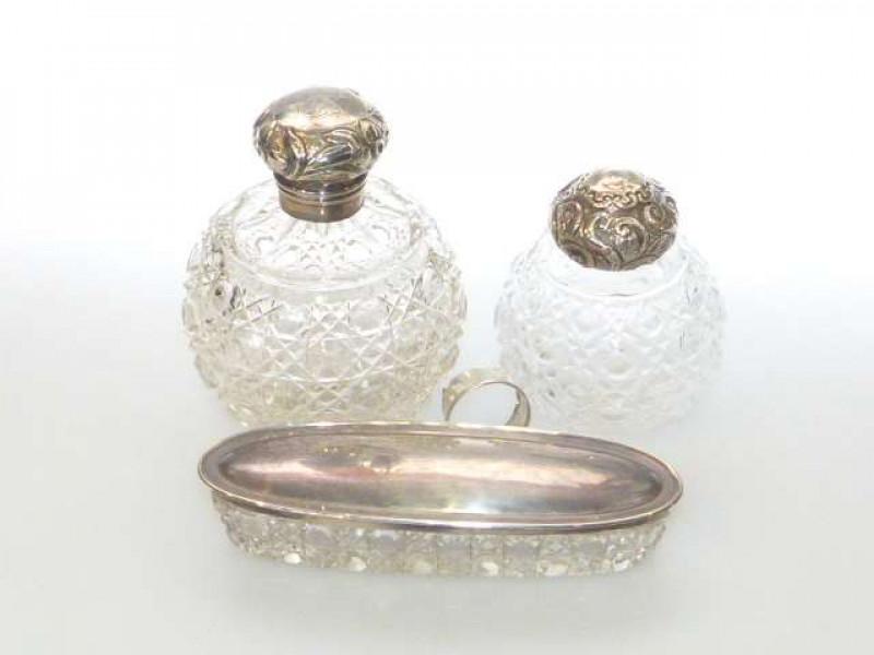 Silver topped scent bottle, another scent bottle and oval trinket box (3)