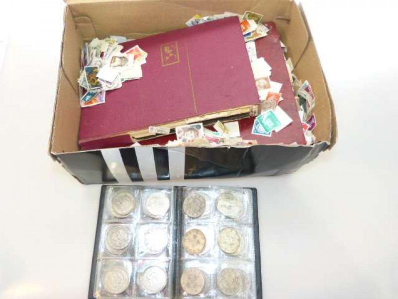 Box of stamps and album of 'World Coins'