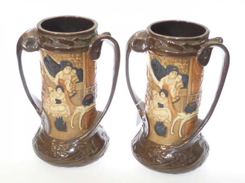 Pair Bretby Art Nouveau two handled vases with chinoiserie decoration
