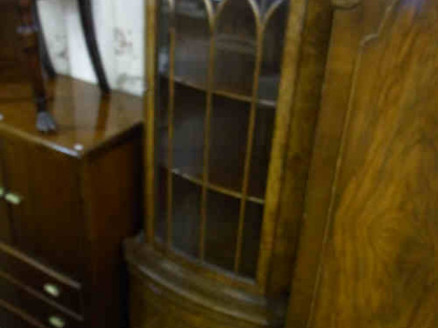 Burr Walnut Glazed Door Top Bow Front Double Corner Cabinet