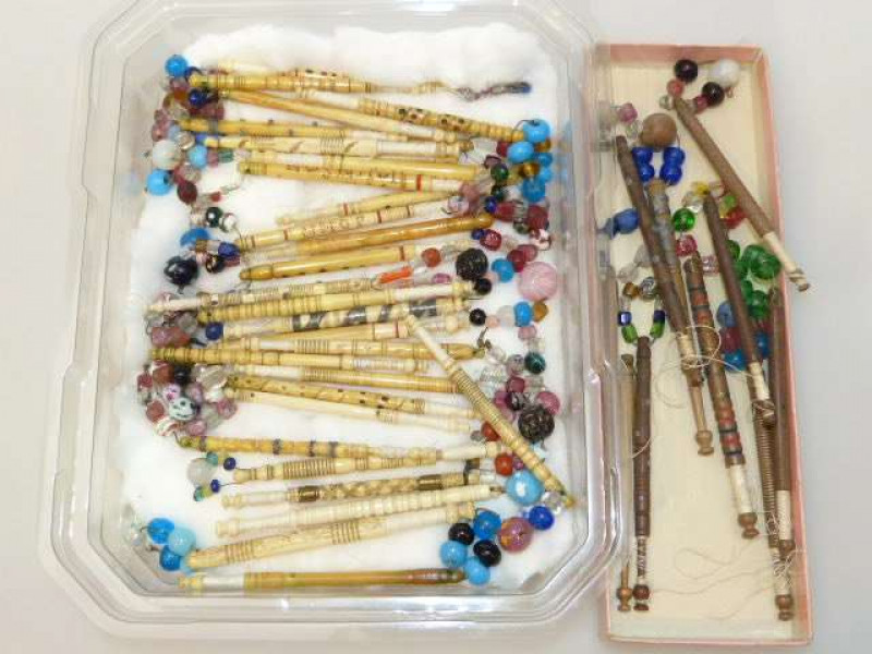 Collection of forty bone and wood pillow lace bobbins