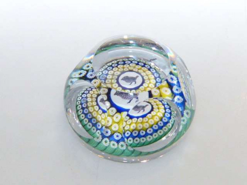 Whitefriars millefiori paperweight dated 1976, with a bird to the centre