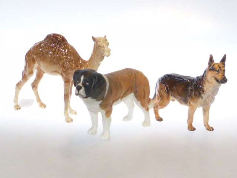 Beswick model of a camel, no. 1044; Royal Doulton model of an Alsatian and a model of a St. Bernard, unmarked (3)