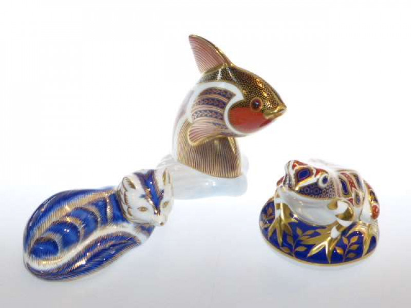 Three Royal Crown Derby paperweights (one with gold stopper)