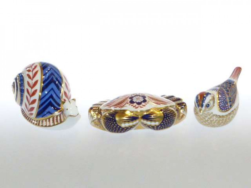 Three Royal Crown Derby paperweights (one with gold stopper)