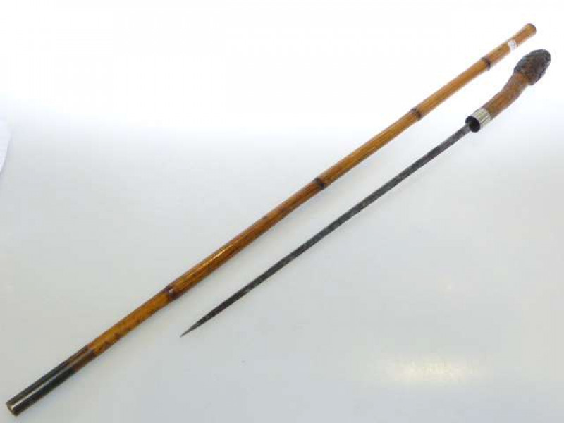 Antique bamboo sword stick, stamped Patent, 84.5cm