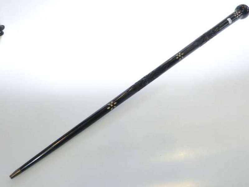 Substantial inlaid and carved cane, 90.5cm