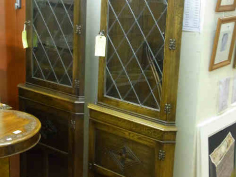 Pair Oak Leaded Glazed Door Topped Double Corner Cabinets