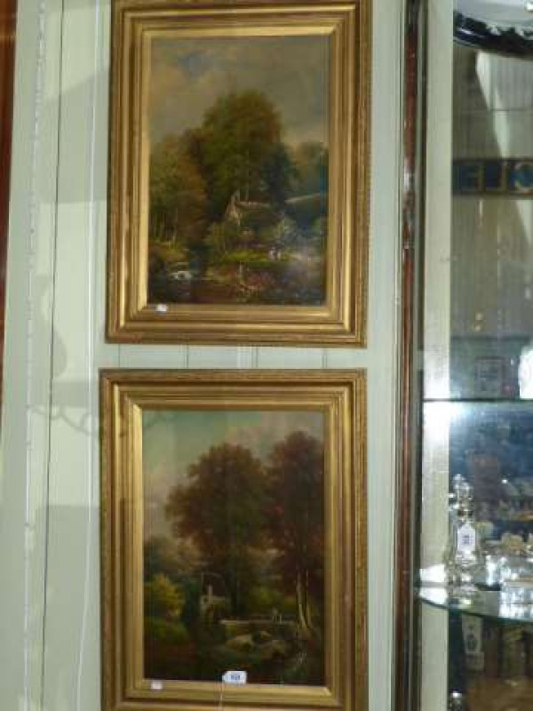 George Harris (1847-1915), Figures by a Thatched Cottage and Figure by a Mill, a pair, each signed Geo Harris lower left, oils, framed, 55cm by 37cm