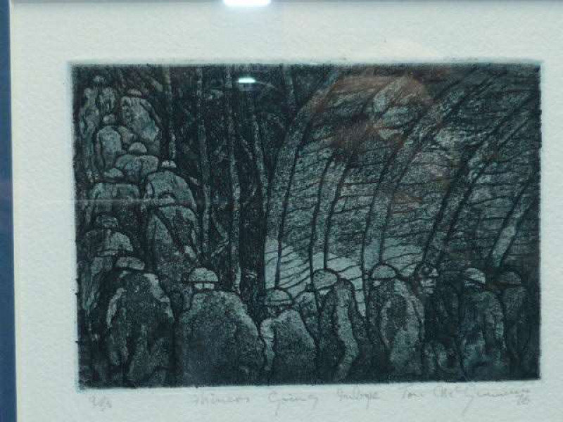 Tom McGuinness (1926-2006), Miners Going In Bye, limited edition print, no. 9/50, signed, titled and dated (19)76 in pencil, framed, 8cm by 12cm
