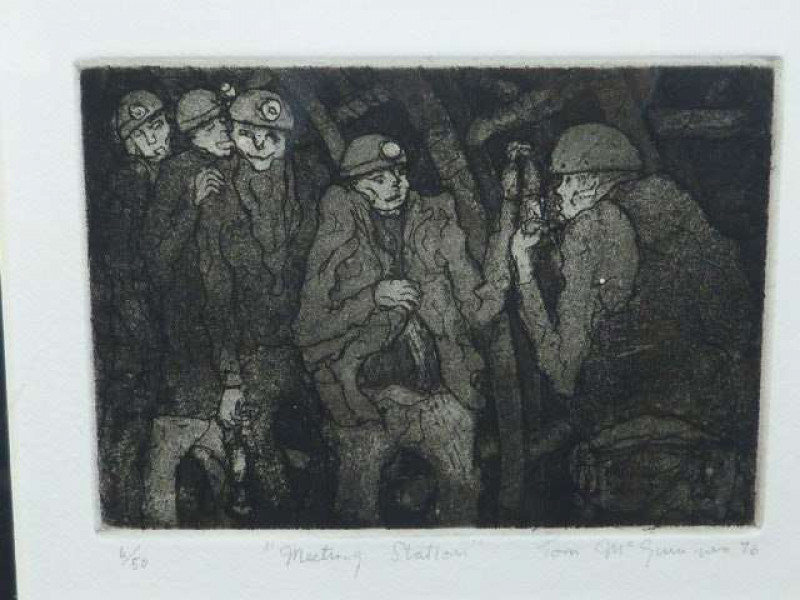 Tom McGuinness (1926-2006), Meeting Station, limited edition print, no. 6/50, signed, titled and dated (19)76 in pencil, framed, 8.5cm by 12cm