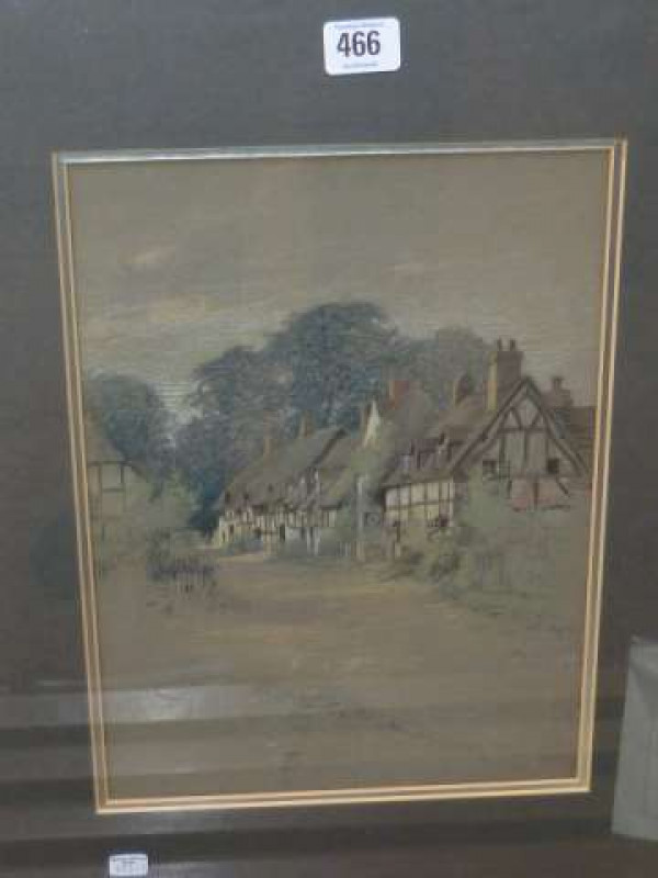 Manner of Cecil Aldin (1870-1935), Village Scene, chalks, framed, 32.5cm by 23.5cm