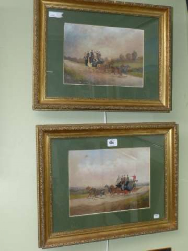 Philip Henry Rideout (1860-1920), The Hampton Court Coach and The Cricklewood Coach, a pair, signed and dated 1894, oils on card, framed, 19cm by 27cm