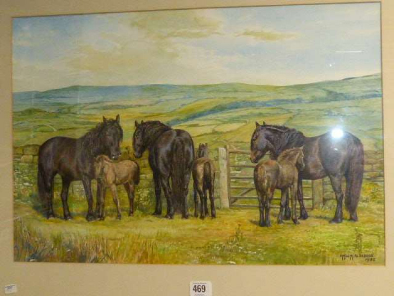 Dorothy Margaret & Elizabeth Mary Alderson (1900-1992) (1900-1988), Ponies by a Stone Wall, signed and dated 1978, watercolour, framed, 37cm by 55cm