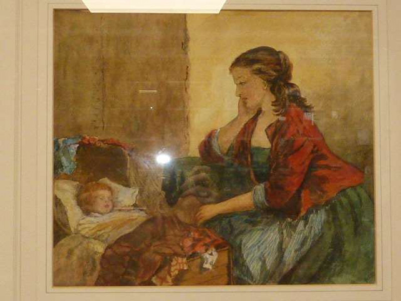 English School, Maternal Love, signed with initials EM lower right, watercolour, framed. 30.5cm by 35cm