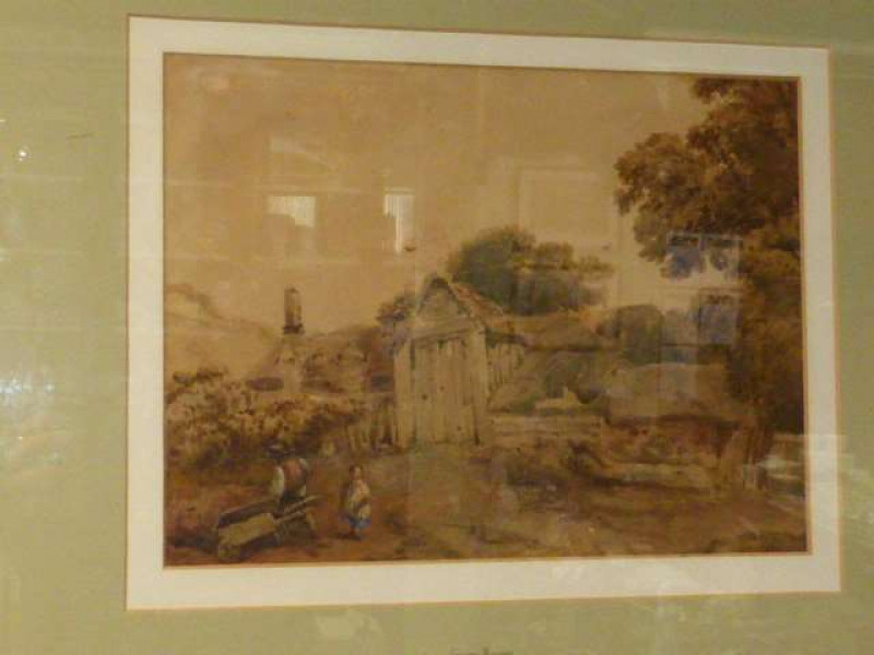 Circle of George Barret, Old barn with a child by a wheelbarrow, unsigned, watercolour, framed. 22cm by 29.5cm