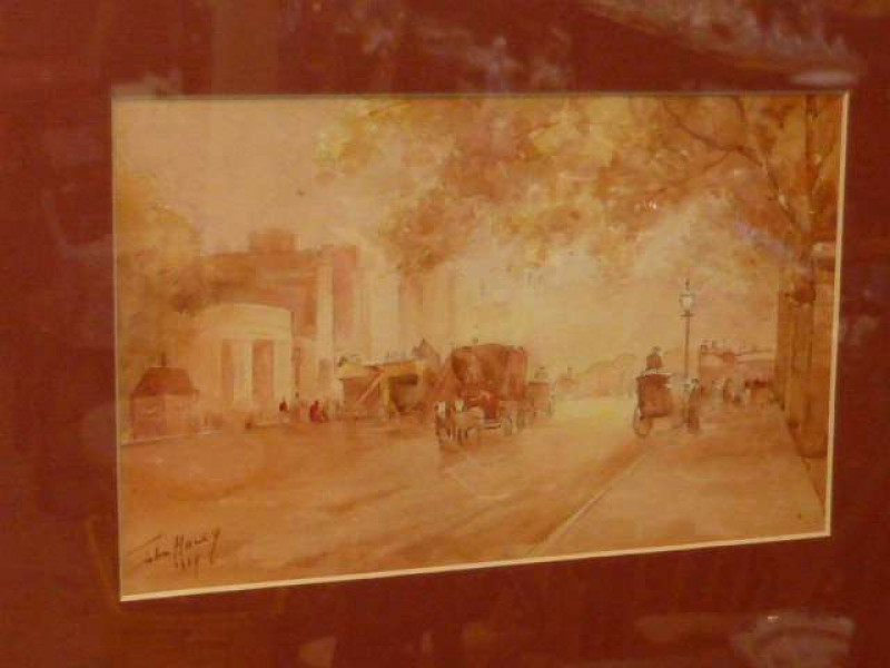 John Haley, London street scene with horse and carriages, signed and indistinctly dated, watercolour, framed. 14.5cm by 23.5cm