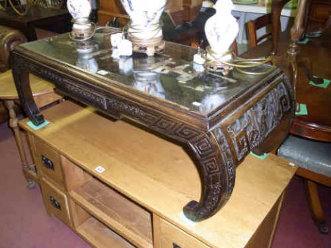 Oriental Chinoiserie Decorated Low Table and Oriental Carved Coffee Table...