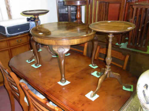 Circular Walnut Cabriole Leg Coffee Table and Two Tripod Wine Tables (3)