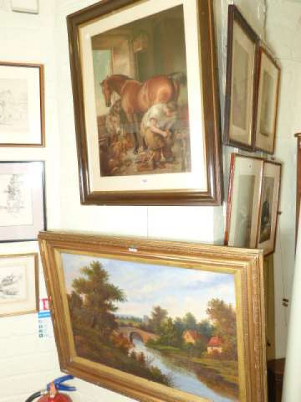 English School (19th Century), River Landscape, oil on canvas, framed; and a print of a blacksmith (2)