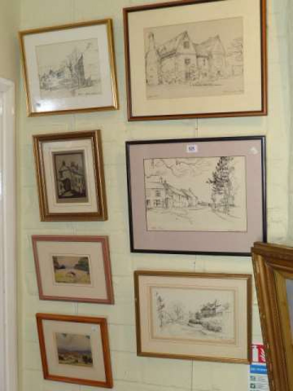 George Jackson, four sketches, two small watercolours and a print (7)