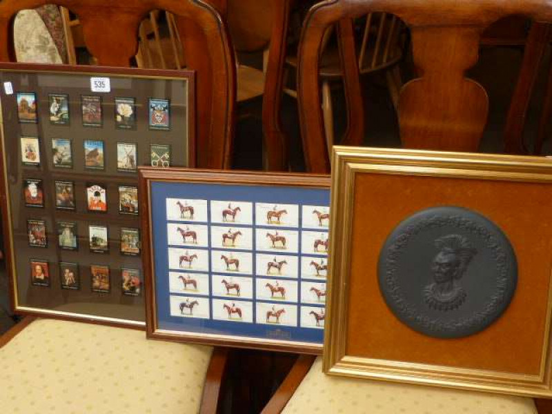 Wedgwood black jasper plaque, cigarette cards and Tetley Inn cards (3)
