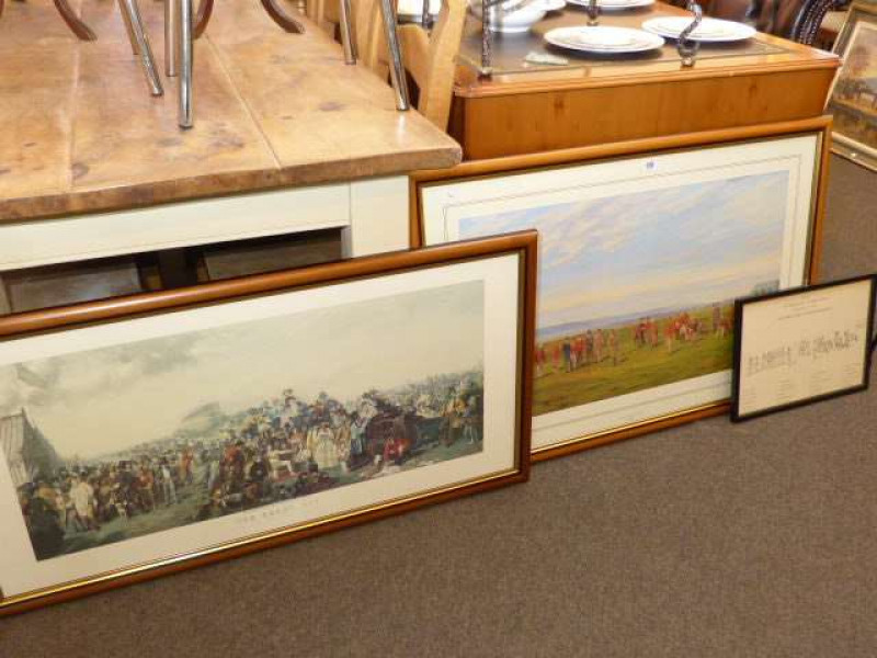 Derby Day, print; and Westward Ho golfing print with key (3)