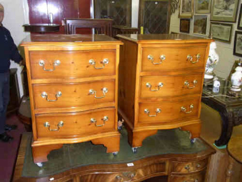 Pair Yew Three Drawer Pedestal Chests