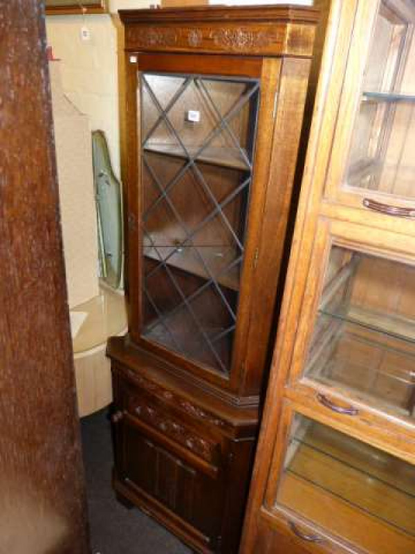Lyndon Hammell Catman adzed oak wall shelf and carved oak glazed door double corner cabinet (2)