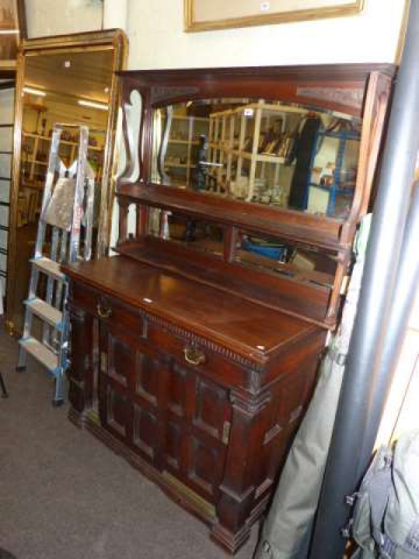 Late Victorian walnut sliding door side cabinet and overmantel mirror (2)