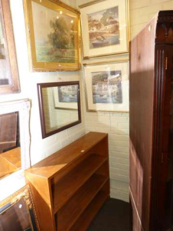 Medium oak three tier open bookcase, D. Robertson watercolour, pair prints and three framed mirrors