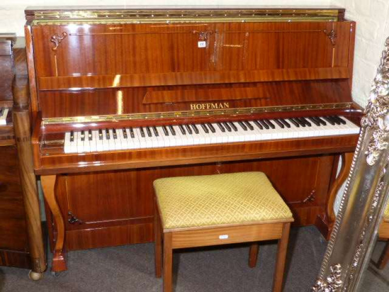 Hoffman polished mahogany upright overstrung piano and stool
