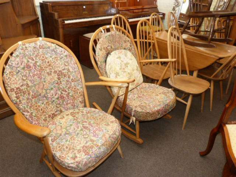 Ercol elm drop leaf dining table, eight Quaker back chairs and pair Ercol easy chairs (11)