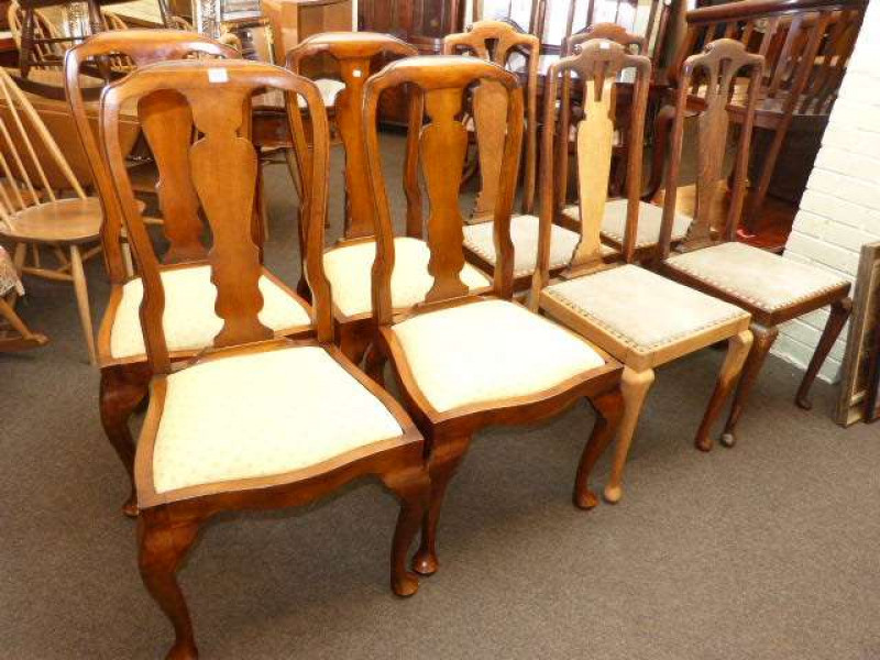 Set of four Queen Anne style dining chairs and set of four oak Queen Anne style dining chairs (8)