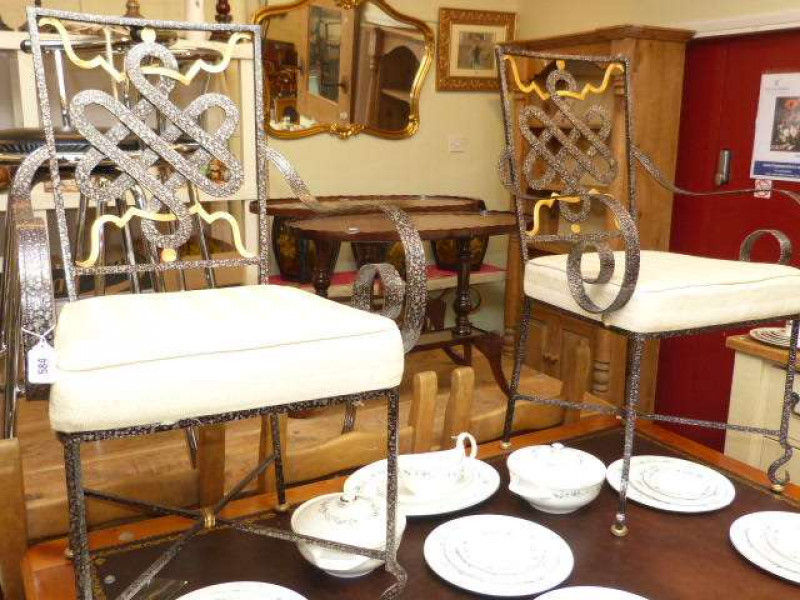 Pair wrought metal occasional elbow chair