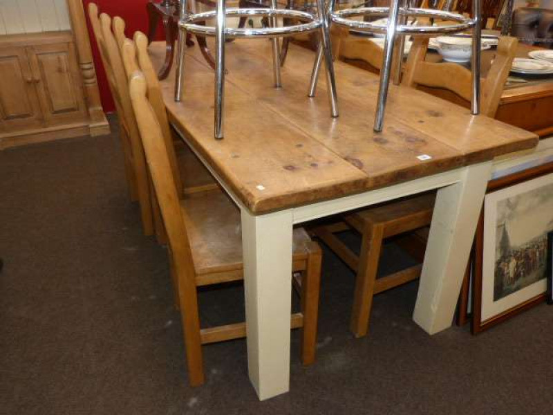 Pine and painted rectangular dining table and six beech chairs