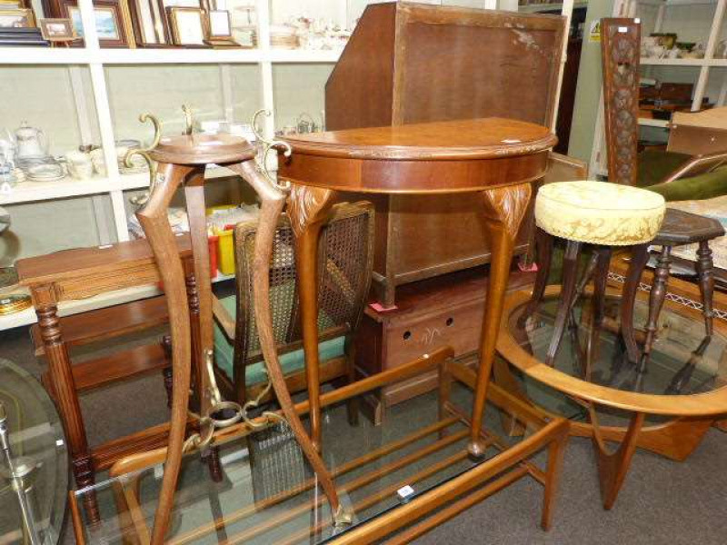 Mahogany plant stand, walnut demi lune hall table, stool and sewing chair (4)