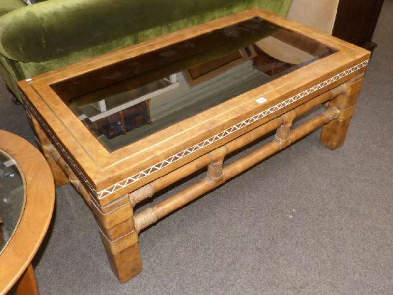 Rectangular hardwood and glazed inset low table
