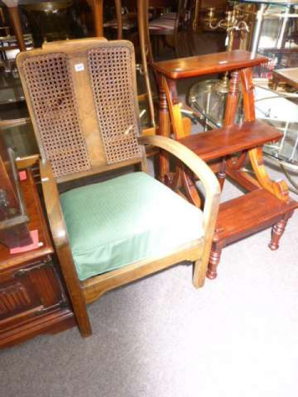 1930's cane panel back occasional armchair and mahogany library steps (2)
