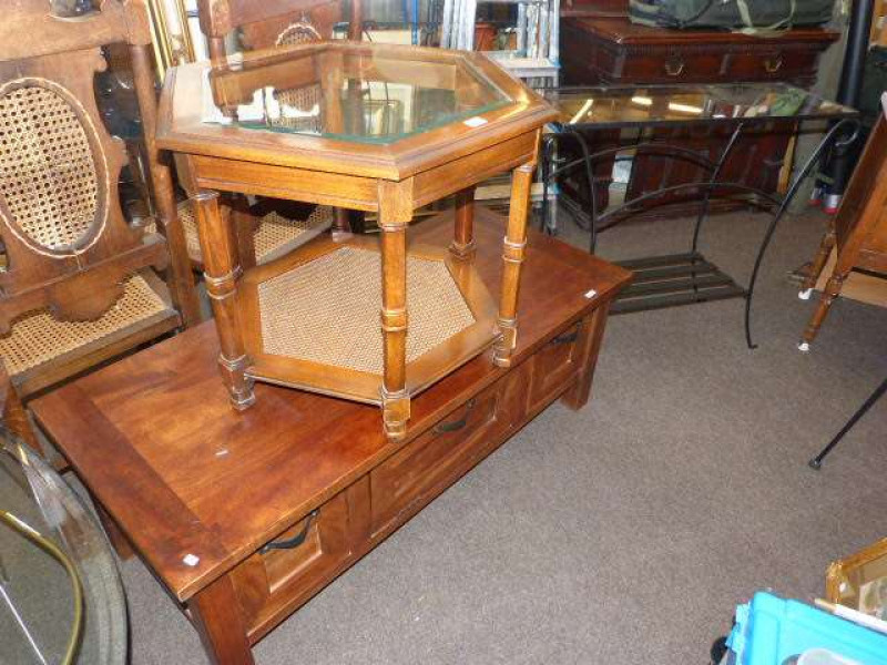 Rectangular low hardwood storage table, hexagonal inset glazed top coffee table and rectangular glass topped side table (3)