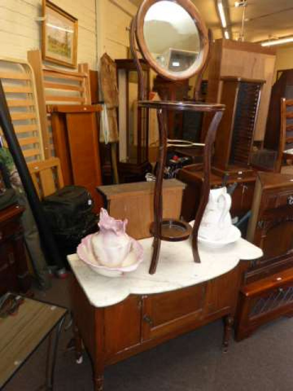 Marble topped washstand, mirror backed washstand, two jug and bowl sets and overmantel mirror