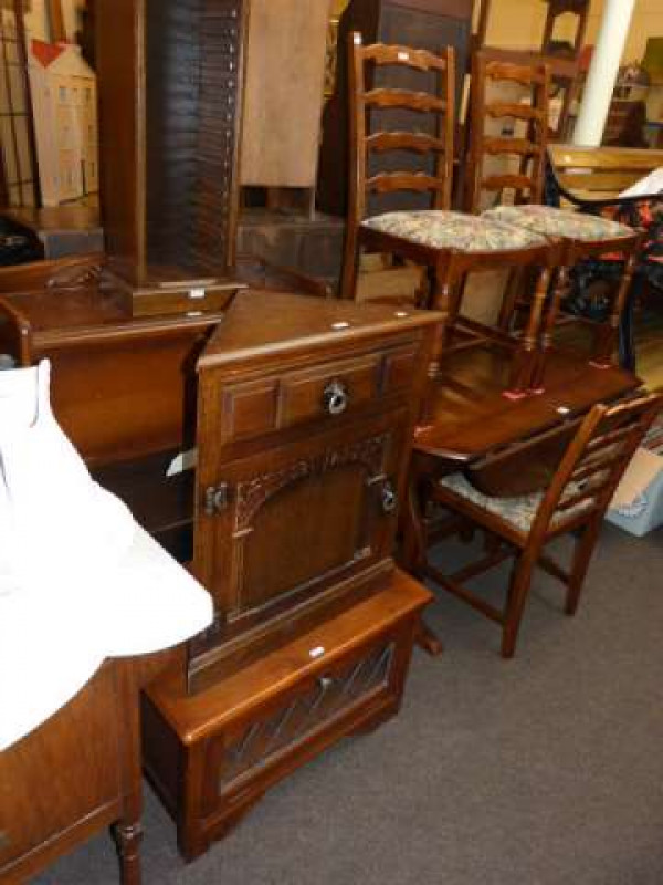 Oak drop leaf dining table and four ladder back chairs, oak bureau cabinet, corner cabinet, entertainment unit and CD tower (9)